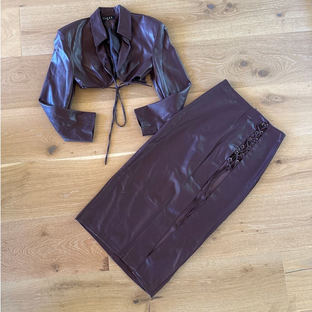 Piral - Freekik Faux Leather Open Front Top & Slit Midi Skirt in Burgundy